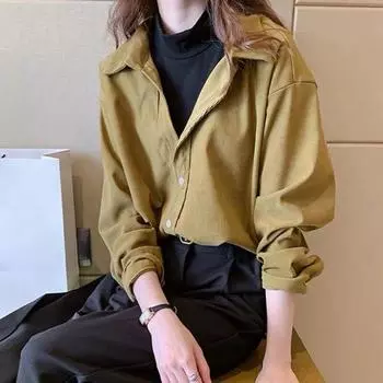 Yousheng Женская вельветовая рубашка с лацканами, длинный рукав, однобортная рубашка, верх, низ, верх, многослойная одежда, рубашка в пригородном стиле XL жёлтый