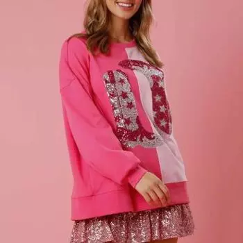 Yousheng Женская весенняя толстовка с длинным рукавом, пайетками, сапогами, узором пэчворк, цветным сочетанием, свободная круглая горловина, повседневная, на День святого Валентина XL белый