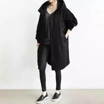 Yousheng Женская ветровка с капюшоном на пуговицах, свободное однотонное пальто с длинными рукавами, длиной до колена, с карманами, узкая талия, ветрозащитная женская куртка S светло-серый
