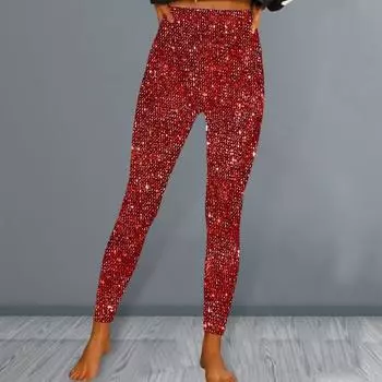 Yousheng женские брюки-карандаш с высокой талией, блестящие длинные брюки из эластичной ткани, блестящие леггинсы с пайетками, повседневная одежда S чёрный