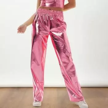 Yousheng женские и мужские повседневные брюки средней посадки с эластичной резинкой на талии, прямые длинные брюки из искусственной кожи свободного кроя S чёрный