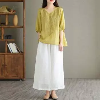 Yousheng Женские летние топы с V-образным вырезом и коротким рукавом, вышитый узор, пуловеры, однотонные, свободного кроя, для поездок на работу 2XL фиолетовый