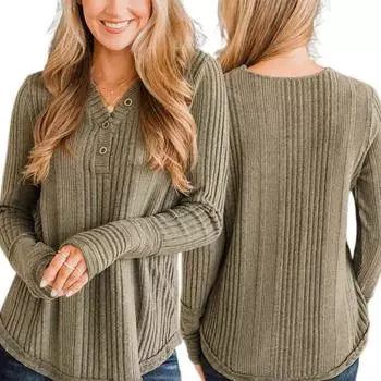 Yousheng женские осенние топы с длинным рукавом и V-образным вырезом, трикотажные топы, однотонные, ребристые, повседневные трикотажные рубашки, повседневная одежда XXL армия зеленый