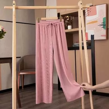 Yousheng Женские повседневные брюки с эластичной резинкой на талии и регулируемым шнурком, однотонные длинные брюки из ледяного шелка, широкие драпированные брюки, уличная одежда M чёрный