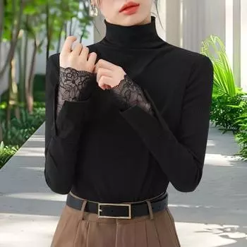 Yousheng женские топы-джемперы облегающие с высоким воротником и длинными рукавами с разрезами и кружевными манжетами однотонные топы-джемперы 2XL чёрный