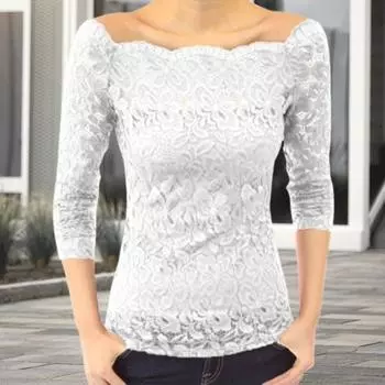 Yousheng женские топы косой воротник длинный рукав кружевная рубашка ажурное кружево сращивание однотонные облегающие вышитые кружевные цветочные топы XXL