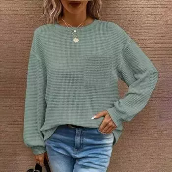 Yousheng женские топы с круглым вырезом и длинным рукавом, однотонные свободные футболки, эластичная повседневная блузка, повседневная одежда L зелёный