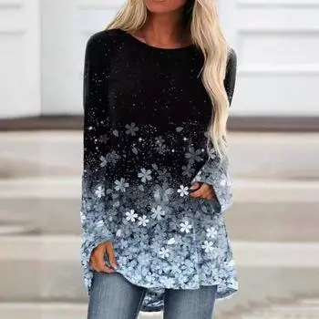 Yousheng женские топы с круглым вырезом и длинным рукавом с цветочным принтом свободный крой футболка эластичный пуловер топы повседневная одежда M зелёный