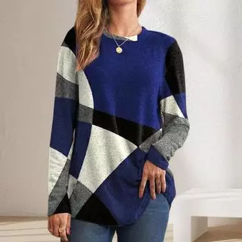 Yousheng Женские топы с круглым вырезом и длинным рукавом Контрастный цветной геометрический принт Свободная футболка Повседневные пуловеры Топы 2XL красный