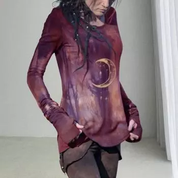 Yousheng женские топы с круглым вырезом и длинным рукавом с принтом луны, облегающая футболка средней длины, эластичная футболка, повседневная одежда M темно-красного