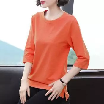 Yousheng Женские топы с круглым вырезом и рукавом 3/4, однотонные эластичные пуловеры, топы обычного кроя, летняя футболка, повседневная одежда L розовый