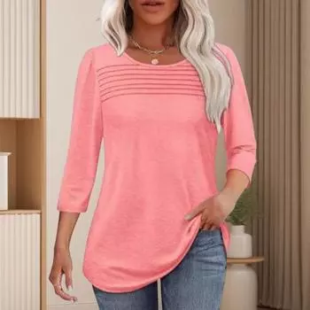 Yousheng женские топы с круглым вырезом и рукавом 3/4 плиссированная блузка весна-лето однотонная свободная повседневная футболка повседневная одежда XL светло-серый