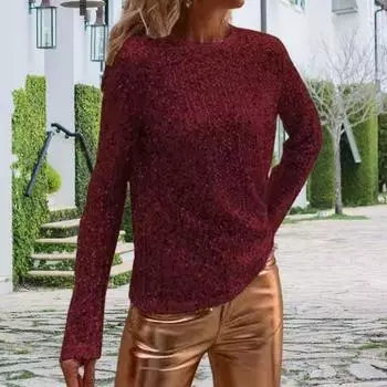 Yousheng женские топы с круглым вырезом и длинными рукавами, пуловеры, топы с блестящими пайетками, обычная блузка, повседневная одежда S вино красного