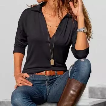 Yousheng Женские топы с лацканами, V-образным вырезом, длинным рукавом, свободный крой, однотонные повседневные теплые удобные блузки S красный