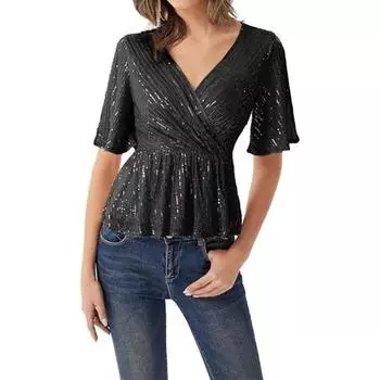 Yousheng Женские топы с пайетками, V-образным вырезом, оборками на рукавах, блестящие блузки, обтягивающий эластичный подол, вечерние коктейльные блестящие топы XXXL