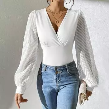 Yousheng женские топы с V-образным вырезом, прозрачные фонарики, длинные рукава, футболка, однотонный облегающий пуловер, топы на каждый день M чёрный