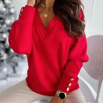 Yousheng Женские топы с V-образным вырезом, длинными рукавами, манжетами на металлических пуговицах, трикотажные топы, однотонные, в стиле для поездок на работу, свободный крой, трикотаж M синий