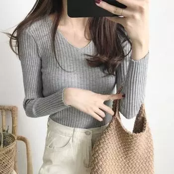 Yousheng Женские топы с V-образным вырезом, длинными рукавами, облегающий свитер, однотонный ребристый низ, эластичный трикотаж абрикосовый