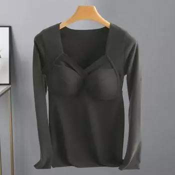 Yousheng Женские топы с V-образным вырезом, на груди, с подкладкой, с длинным рукавом, термотопы, эластичная футболка из бархатной ткани DE XL чёрный