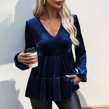 Yousheng Женские топы с V-образным вырезом, фонариками, длинными рукавами, однотонные пуловеры, свободный покрой, бархатная рубашка с оборками и строчкой S