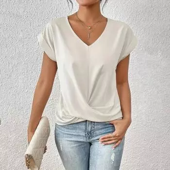 Yousheng женские топы с V-образным вырезом и коротким рукавом, футболка со складками, однотонные свободные топы с перекрестными складками, повседневная одежда S