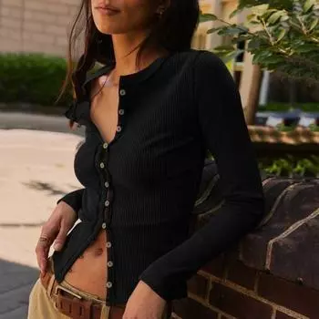 Yousheng Женские трикотажные топы с круглым вырезом и длинным рукавом, однобортные ребристые топы, застежка на пуговицы спереди, облегающий кардиган L вино красного