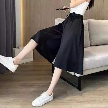Yousheng, женские юбки, брюки, эластичная талия, регулируемая завязка, укороченные брюки из ледяного шелка, однотонные повседневные брюки-кюлоты свободного покроя L чёрный