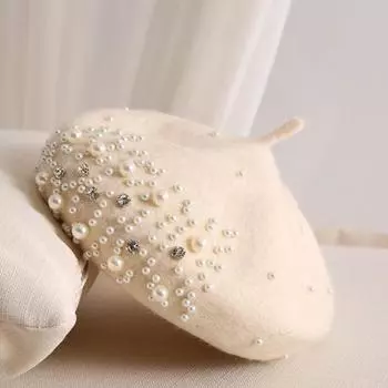 Yousheng Женский берет с искусственным жемчугом и стразами, винтажная шерстяная шляпа в английском стиле без полей, однотонная, с регулируемыми лямками, кепка-тыква