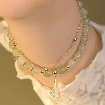 Yousheng женский браслет горный хрусталь лист кулон двухслойный регулируемая длина искусственный нефрит гладкий контрастный цвет роскошный браслет удачи золотистый