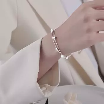 Yousheng Женский браслет с подвесками в виде звезд, изящный двойной браслет из медного сплава, ювелирные изделия на руку, подарок на годовщину дня рождения для ее девушки, мамы, жены серебряный