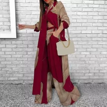 Yousheng Женский костюм из топа и брюк с V-образным вырезом и лоскутным принтом, контрастный цвет, дорожный комплект, широкие брюки и удлиненный топ, свободный крой S красный
