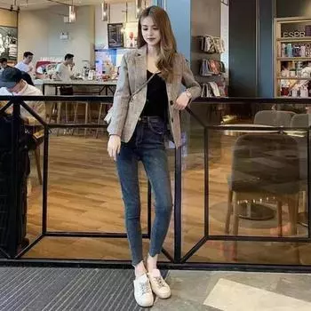 Yousheng Женский костюм, пальто, весна-осень, однобортный пиджак с лацканами и длинными рукавами, клетчатый принт, карманы с клапанами, деловая верхняя одежда M хаки