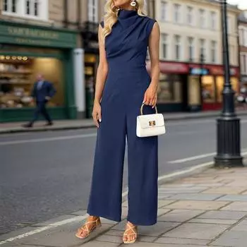 Yousheng Женский летний комбинезон с полувысоким воротником без рукавов, широкий плиссированный однотонный OL, для повседневной носки, длинный комбинезон S коричневый