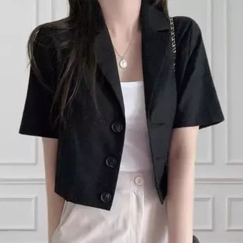 Yousheng Женский летний костюм Пальто с лацканами с коротким рукавом Однобортный пуговицы Короткий пиджак Сплошной цвет Свободный крой Деловая верхняя одежда XL чёрный