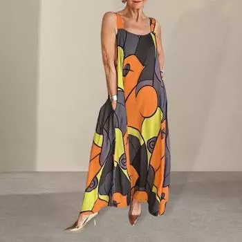 Yousheng Женский летний сарафан без рукавов А-силуэта с цветным принтом и боковыми карманами, большой подол, длина до щиколотки, пляжное платье макси для отдыха M фиолетовый
