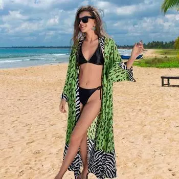 Yousheng женский пляжный кардиган с леопардовым принтом, длинный рукав, свободный крой, легкий купальник-бикини с открытым передом, средней длины, пальто зелёный