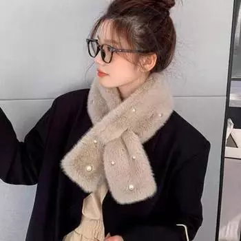 Yousheng Женский плюшевый шарф Однотонный искусственный жемчуг Украшенный шарф Утолщенный теплый шарф с крестом Зимний шейный платок чёрный