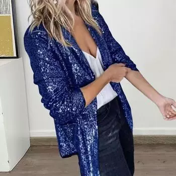 Yousheng Женский повседневный кардиган с лацканами, длинный рукав, открытый спереди, пиджак, блестящие пайетки, однотонный свободный крой, клубная одежда L белый