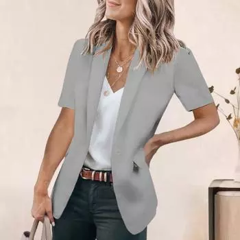 Yousheng Женский повседневный пиджак с лацканами и коротким рукавом на одной пуговице, однотонный пиджак с клапанами и карманами, летняя деловая верхняя одежда XXXL чёрный