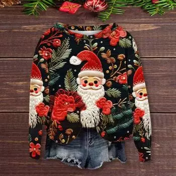 Yousheng Женский рождественский топ с круглым вырезом и длинным рукавом, цветной 3D-принт снеговика и Санты, свободный пуловер, новогодний стиль, теплая толстовка L розовый