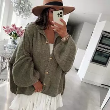 Yousheng Женский свитер большого размера, пальто с круглым вырезом, фонарь, длинный рукав, однобортный, вязаная верхняя одежда, повседневный свободный трикотаж S чёрный