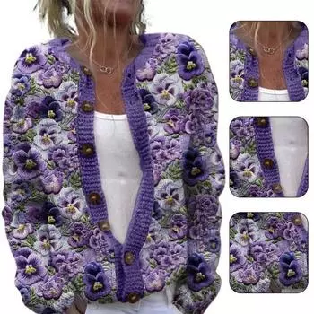Yousheng Женский свитер кардиган круглый вырез длинный рукав 3D цветочный узор пуговиц трикотажная куртка утолщенный теплый осень зима топы XXXL светло-розовый