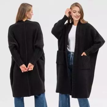 Yousheng Женский свитер-кардиган с V-образным вырезом, длинным рукавом, ребристой отделкой, однотонный свитер, пальто, однотонный открытый перед, средней длины, трикотажная верхняя одежда S чёрный