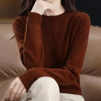 Yousheng Женский свитер Однотонный круглый вырез с длинным рукавом Приталенный топ Повседневный осенне-зимний трикотажный топ для путешествий Повседневная одежда M