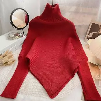 Yousheng Женский свитер Однотонный вязаный свитер с высоким воротом и длинными рукавами, облегающий крой, неровный подол, трикотаж средней длины красный