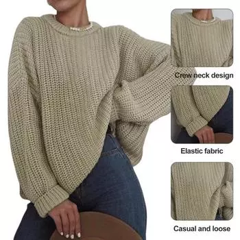 Yousheng Женский свитер осень-зима с круглым вырезом и длинным рукавом, свободный, однотонный, плотный, трикотажный, повседневный, мягкий, не садится, не скатывается, женский свитер XL белый