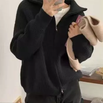 Yousheng Женский свитер, пальто, однотонный, с длинным рукавом, с двойной молнией, трикотажное пальто, повседневная верхняя одежда для поездок на работу темно-серого