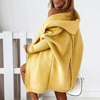 Yousheng Женский свитер, пальто с капюшоном, длинными рукавами, ребристыми манжетами, открытым передом, вязаное пальто, однотонный свитер средней длины, кардиган S серый