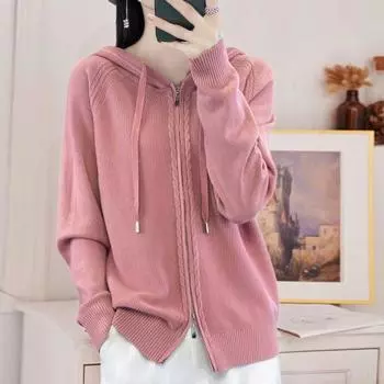 Yousheng Женский свитер, пальто с капюшоном, завязками, длинными рукавами, двойными молниями, трикотажное пальто, однотонное, свободного кроя, жаккардовая верхняя одежда S чёрный