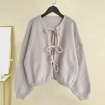 Yousheng Женский свитер, пальто с круглым вырезом, длинным рукавом, на шнуровке, вязаное пальто, однотонный свободный крой, повседневный стиль, вязаная верхняя одежда S синий